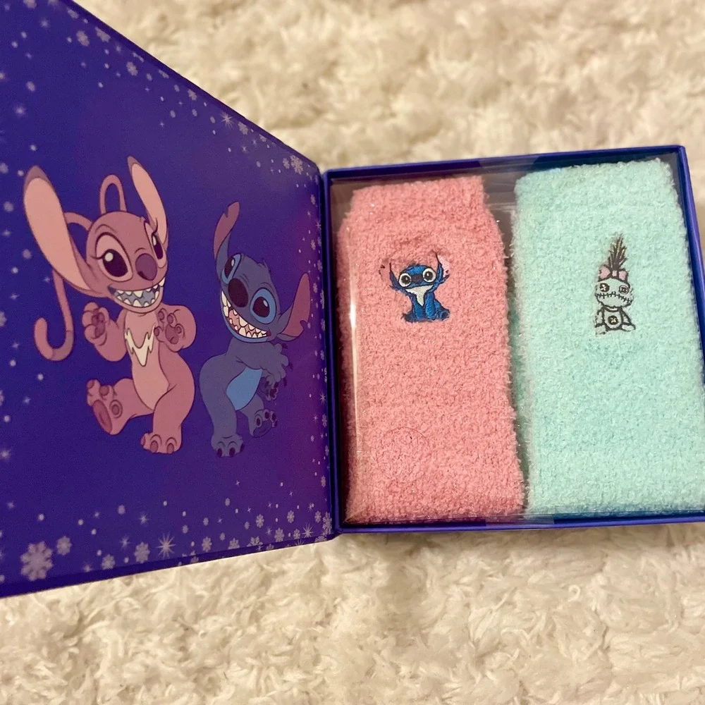 Disney Stitch Fuzzy Socks Gift Box Set Women's Pink Aqua‎